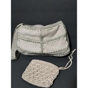 Chateau Crocheted Suede Shoulder Bag & Matching Coin Purse Off White